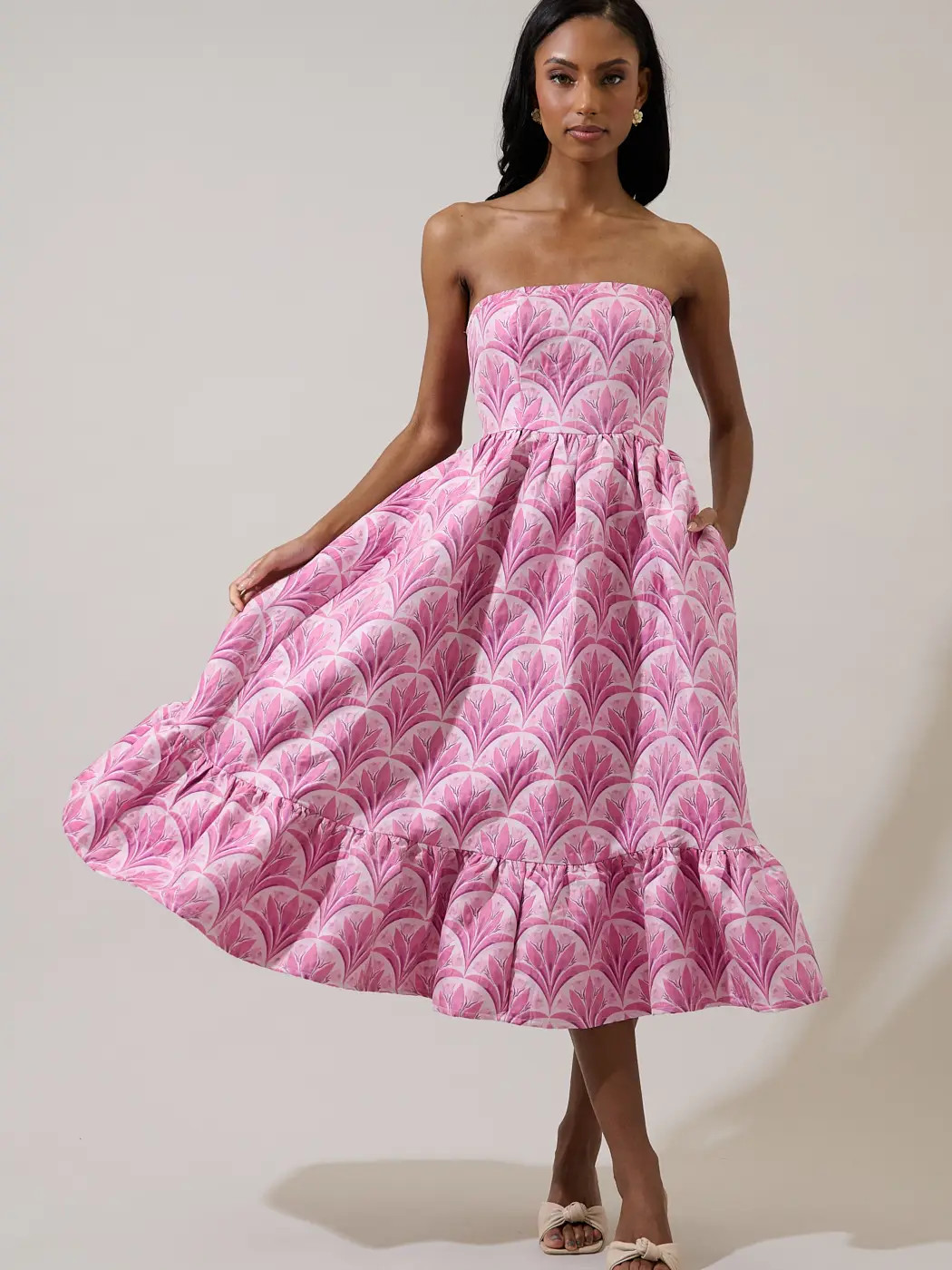 Pink Aurra Jacquard Strapless Midi Dress | Shop.app