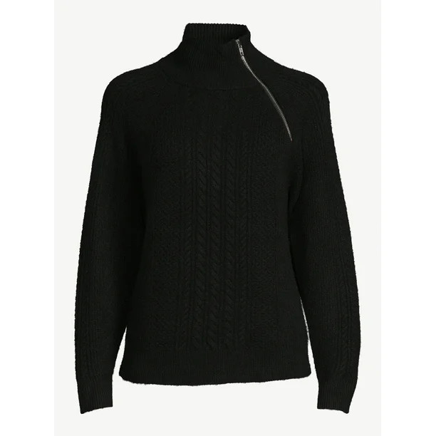 Scoop Women's Zip Neck Cable Sweater - Walmart.com | Walmart (US)
