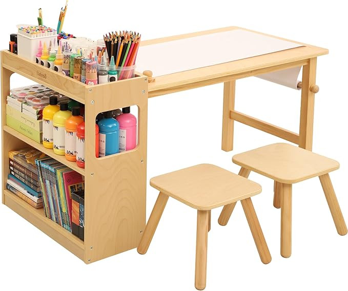Kids Art Table and 2 Chairs with Roll Paper, Craft Table with Large Storage Shelves, Drawing Desk... | Amazon (US)