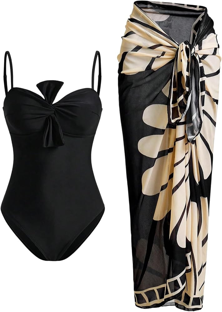 SHENHE Women's One Piece Swimsuit with Cover Up Sarong Wrap Skirt Tummy Control Bathing Suit | Amazon (US)