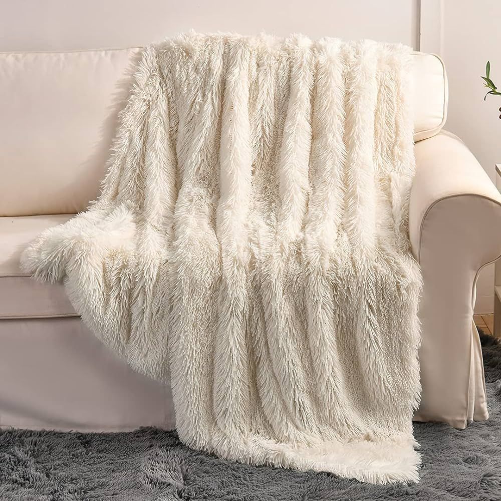 YUSOKI Cream White Faux Fur Throw Blanket,2 Layers,50" x 60" Cozy Plush Fluffy Blanket Furry Fuzz... | Amazon (US)