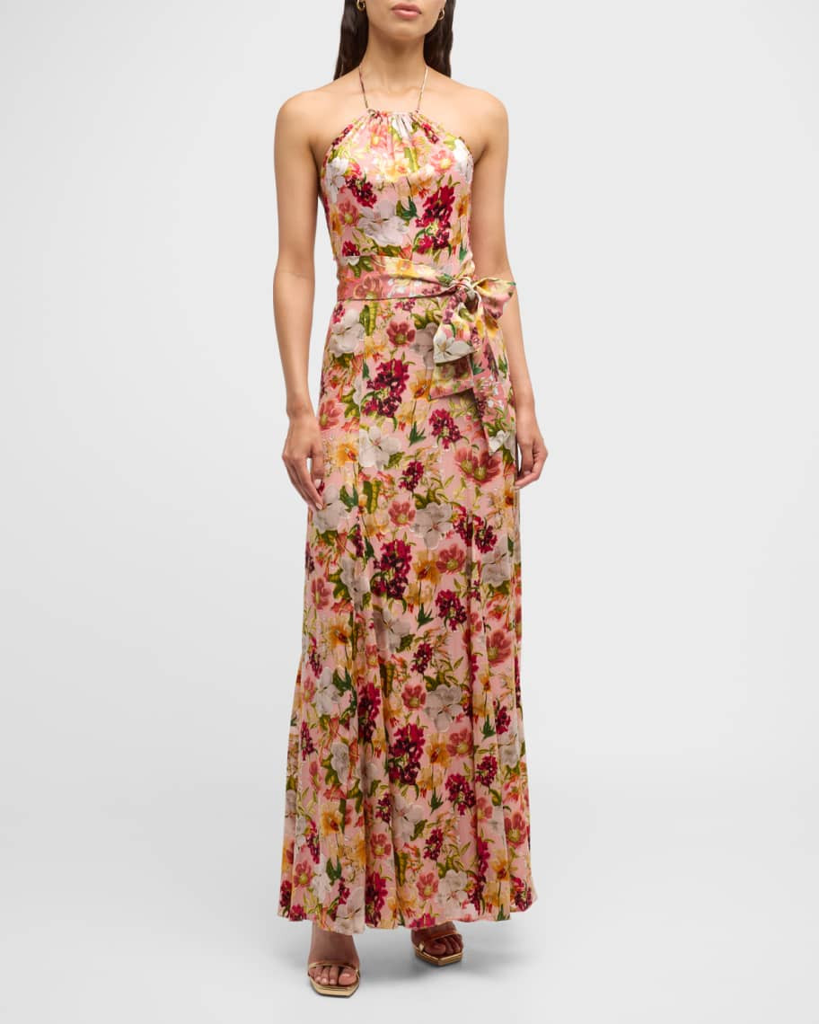 Alice + Olivia Dita Halter Silk Burnout Maxi Dress | Neiman Marcus