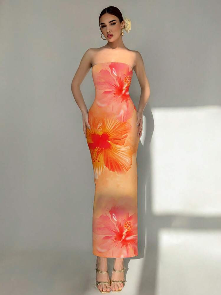 Aloruh Women's Elegant Vacation Fitted Bandeau Orange Vacation Hibiscus Floral Pattern Dress, Suitable For Beach/Vacation/Elegant/Romantic Date/Music Festival/Tropical Vacation Floral/Graduation Dress,Bohemian Clothes,Bodycon Dress Suitable For Going Out Chic Dress | SHEIN