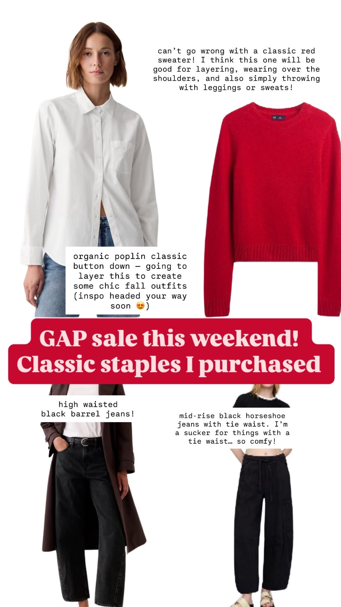 Items I ordered for the GAP sale this weekend. I’m loving these classic staple items and plan to wear them over and over again — outfit inspo coming very soon 😍 stay tuned. 

white button down top, classic red sweater, black barrel jeans, tie waist jeans

#LTKStyleTip #LTKFindsUnder100 #LTKFindsUnder50