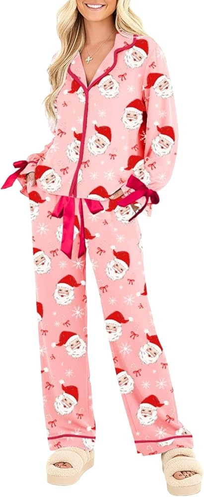 Sastianaen Satin Christmas Pajama Set for Women Silk Bow Tie Long Sleeve Shirt and Pants 2 Piece ... | Amazon (US)
