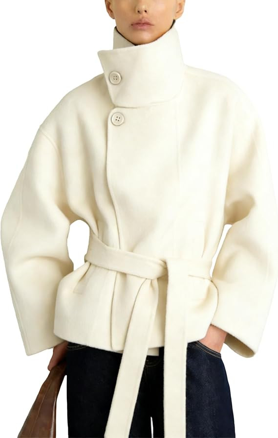 Women Cropped Pea Coat Wool Blend Stand Collar Fall Winter Warm Outfits Casual Elegant Belted Out... | Amazon (US)