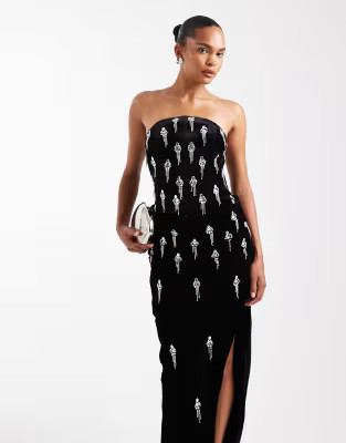 ASOS DESIGN velvet corset embellished maxi dress with draped skirt overlay in black | ASOS (Global)