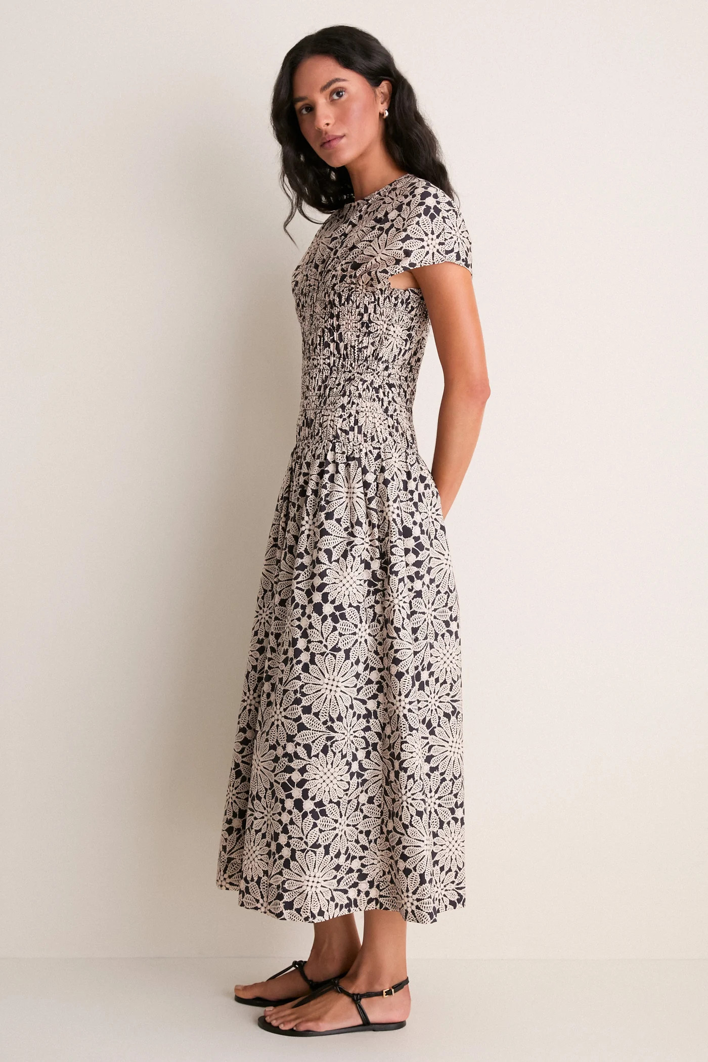 Black & Tan Printed Floral Smocked Rollins Midi Dress | Tuckernuck (US)