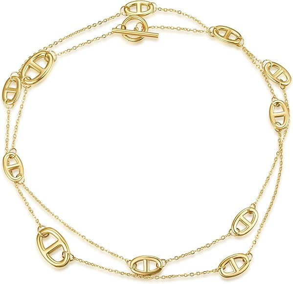 LeoYletc Layered Long Necklace for Women Stainless steel 18K Gold Plated Adjustable Layering Chok... | Amazon (US)