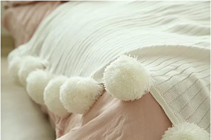 DOKOT Cotton Knitted Throw Blanket with Pom Poms (59" x 79", White) | Amazon (US)