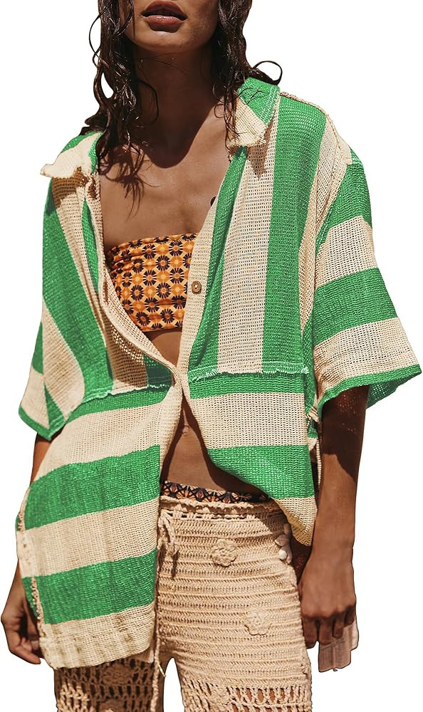 Gacaky Women's Lightweight Button Down Shirt 2025 Summer Swimsuit Crochet Swim Cover Up Beach Shi... | Amazon (US)