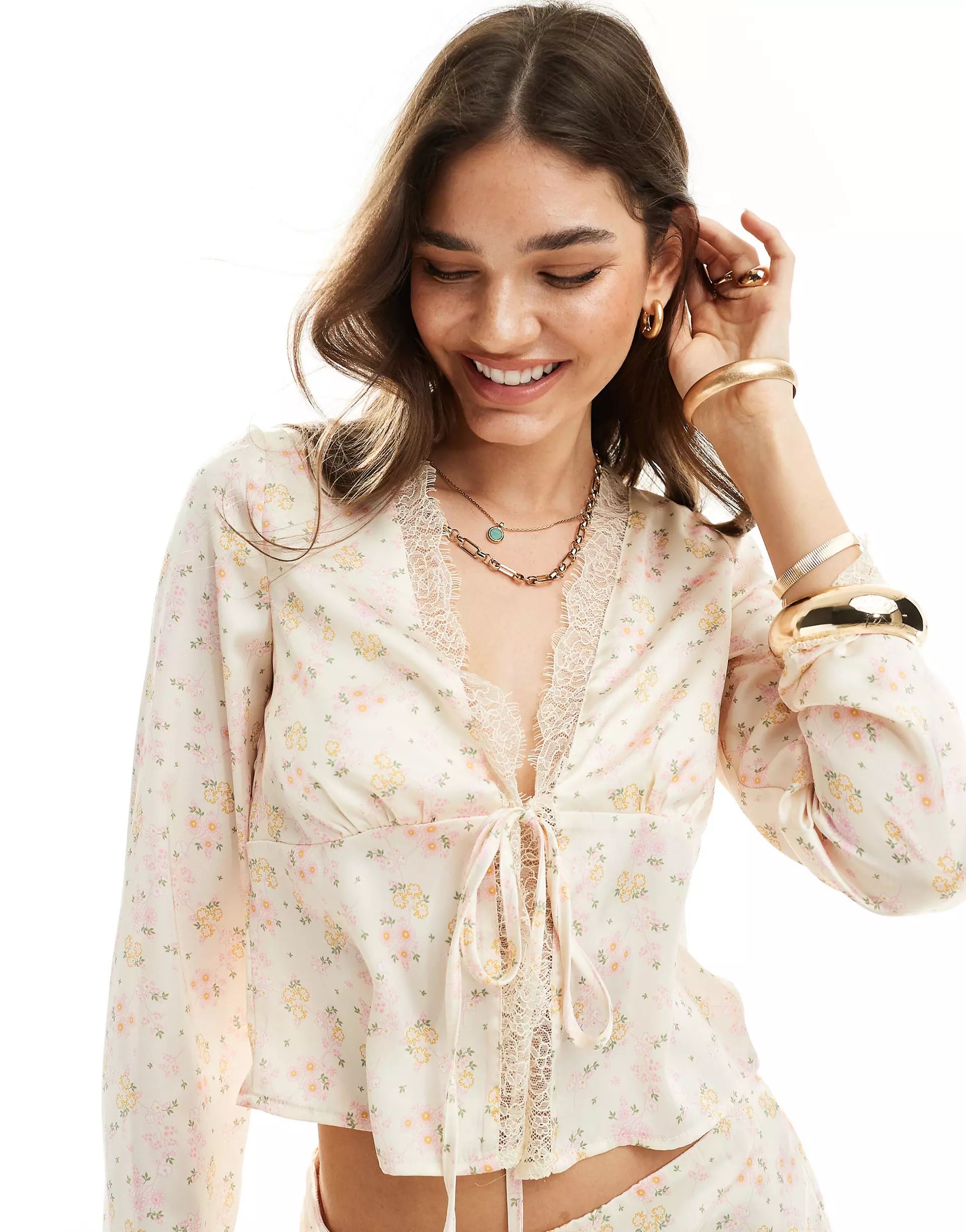 Something New styled by Claudia Bhimra tie front blouse co-ord with lace detail in pink ditsy flo... | ASOS (Global)