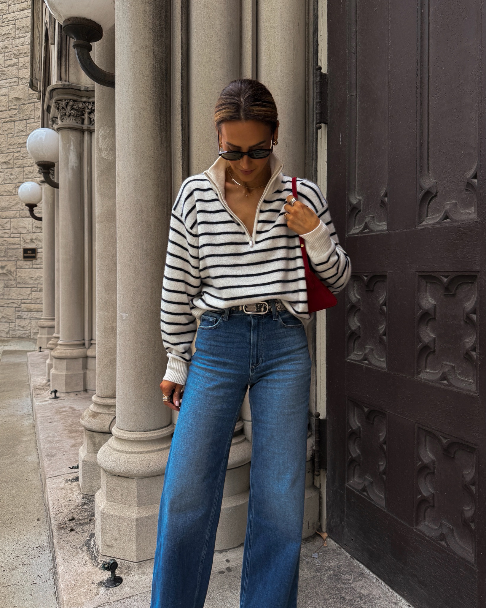 Transitional outfit idea of the day! Wearing my new @Veronica Beard bag, the perfect shade of red for day-to-night
Size 25 on jeans and xs on sweater, xs on belt 

#LTKootd #LTKdayinmylife #LTKSeasonal
