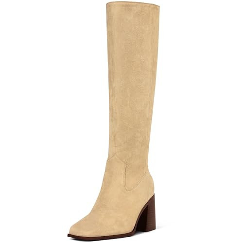 MUCCCUTE Tan Knee High Boots for Women - Suede Boots Square Toe Chunky Block Heel with Side Zipper Pull On Tall Boots US Size 9.5 | Amazon (US)