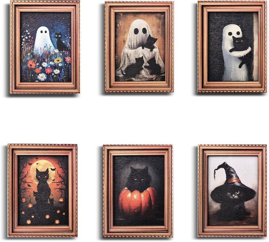 Halloween Fridge Magnets Cute Ghost with Black Cat 3D Wood Magnet Art Frame Designs Decorations f... | Amazon (US)