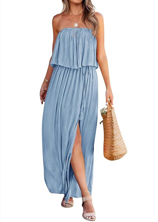 LEANI Women’s Summer Off Shoulder Ruffle Maxi Dress Strapless Split Long Party Beach Dress | Amazon (US)