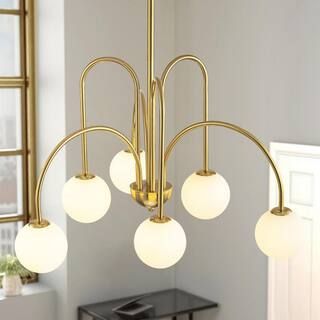 RRTYO Finchley 6-Light Gold Modern Linear Sputnik Chandelier with Milky White Frosted Bubble Glob... | The Home Depot