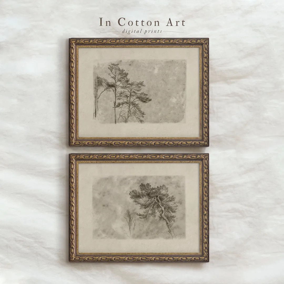 Vintage Tree Drawing PRINTABLE / Neutral Rustic Sketch Print / Farmhouse Wall Art SET | D56 - Ets... | Etsy (US)