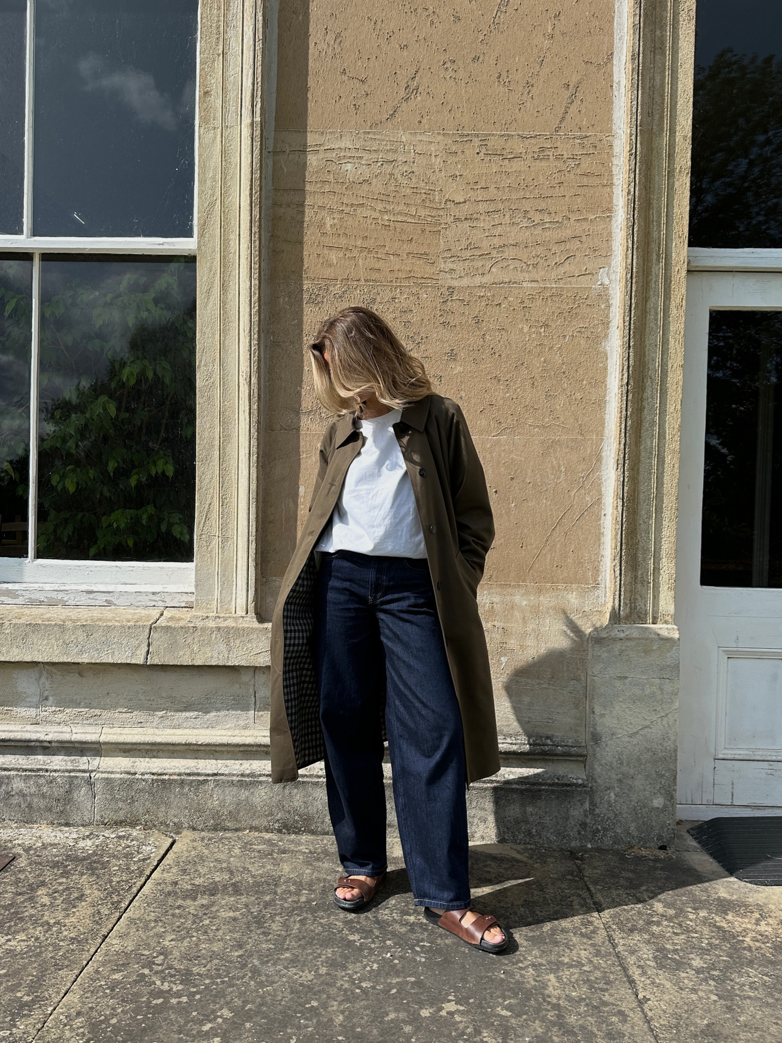 Sezane, trench coat, green trench, indigo jeans, barrel jeans, sandals, white tshirt, American vintage, Stradivarius 

#LTKeurope #LTKuk #LTKautumn