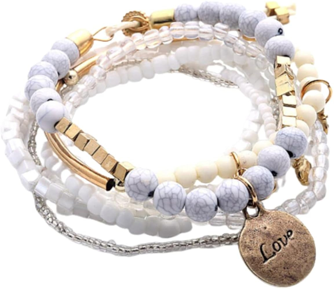 Caiyao Boho Stackable Bead Bracelets Bohemian Multilayer Stretch Bracelets Multicolor Love Pendan... | Amazon (US)