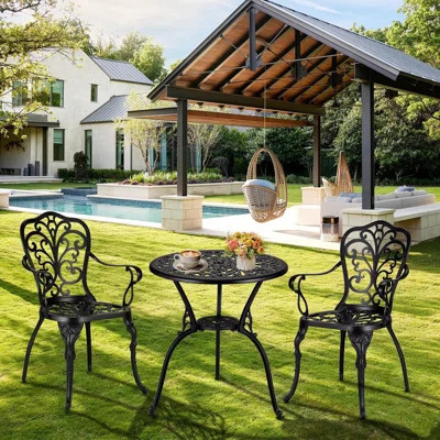 3 - Piece Outdoor Bistro Table Set, Cast Aluminum Patio Bistro Set With Umbrella Hole | Wayfair North America