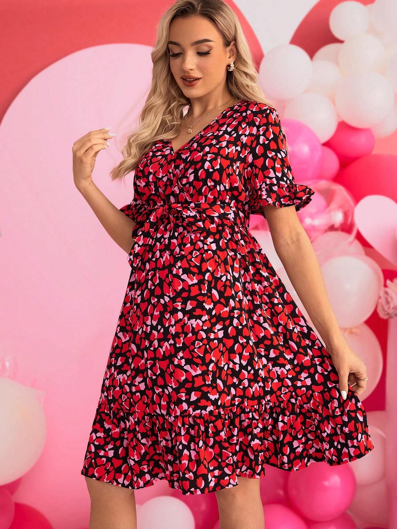 SHEIN Heart Print Ruffle Sleeve Dress | SHEIN