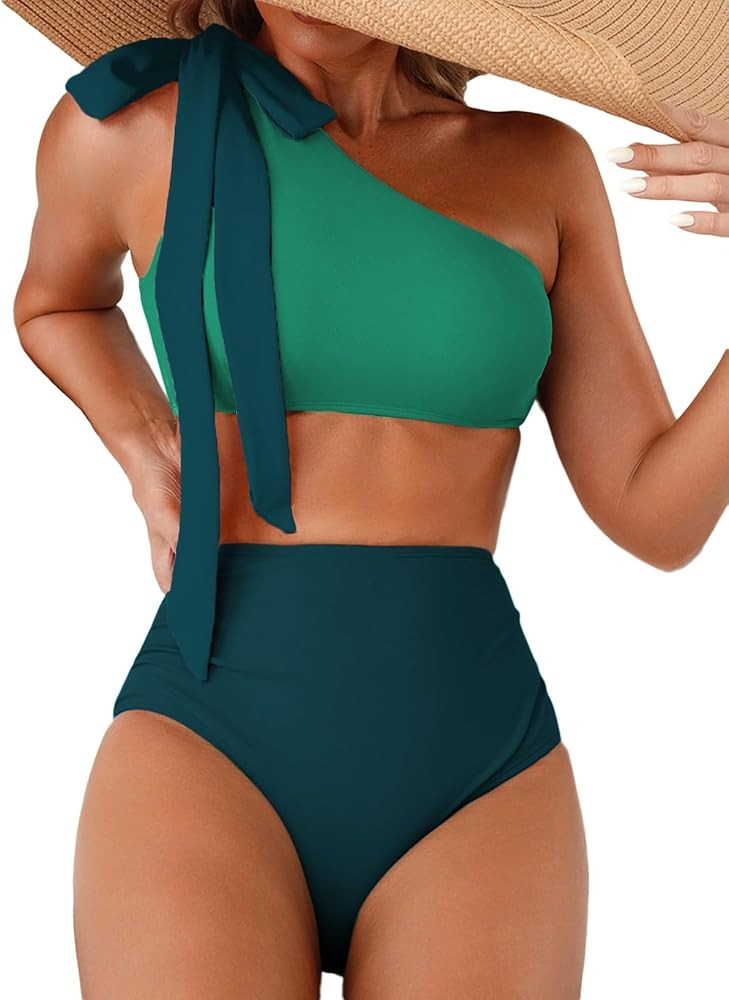 Women's One Bow Shoulder Bikini Sets 2 Piece Ruched Swimsuit Elegant Bathing Suit | Amazon (US)