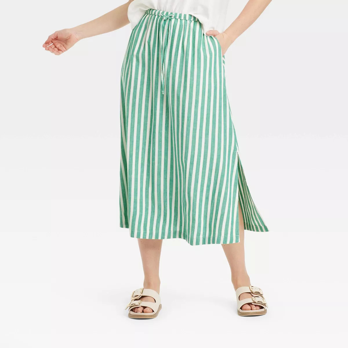 Women's Tie-Front Midi A-Line Skirt - Universal Thread™ Green/White Striped L | Target