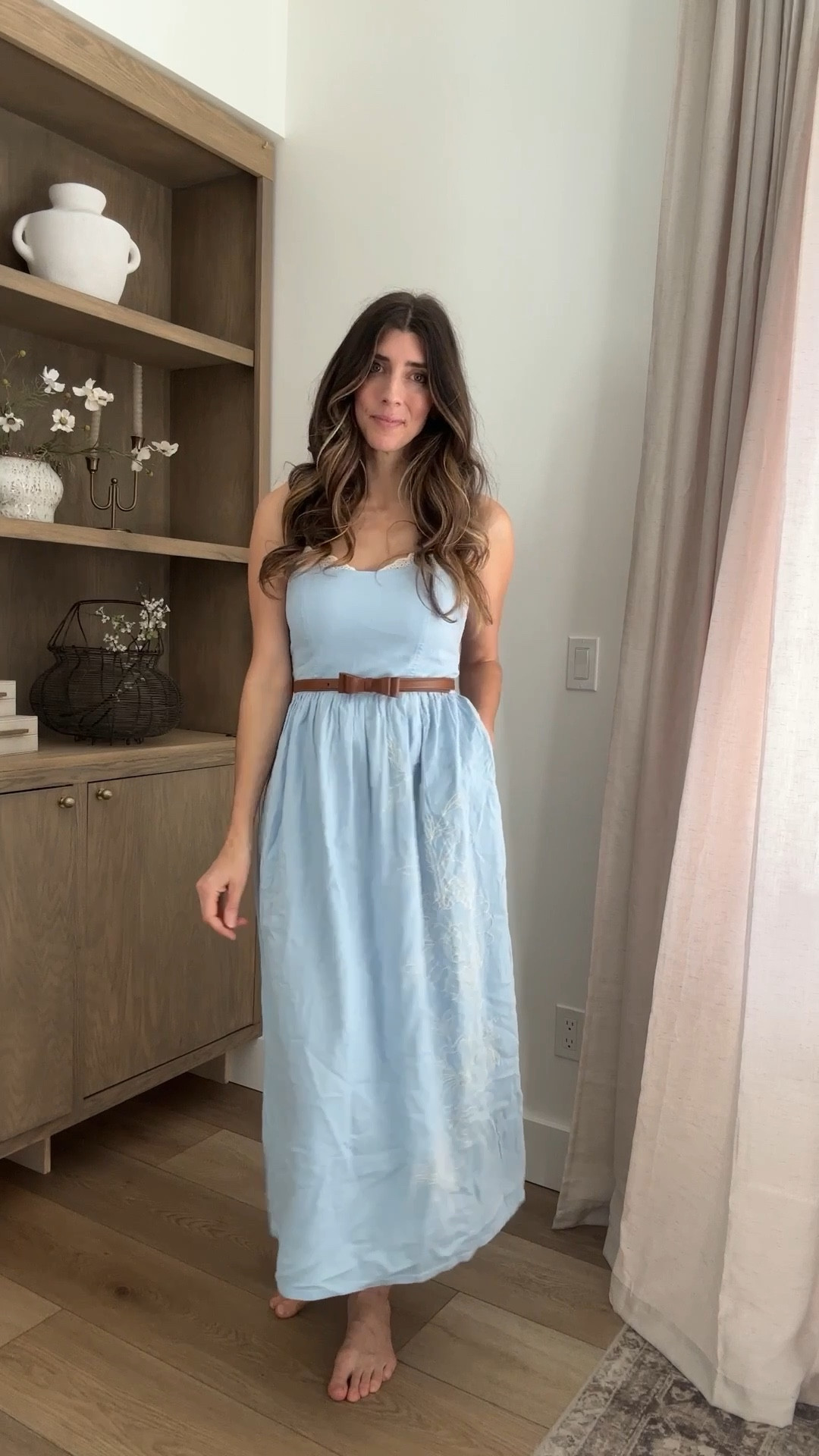 Spring dress with pockets and a light eyelet sweater for chilly days. 

#LTKootd #LTKWorkwear #LTKmomlife