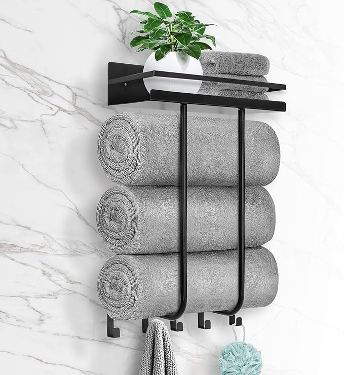 Towel Racks for Bathroom, Towel Rack Wall Mounted with Metal Shelf and 5 Hooks for Small Bathroom... | Amazon (US)