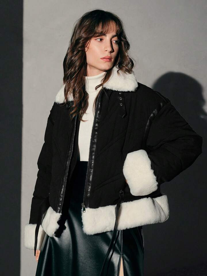 Anewsta Ladies' Spliced Edges Turn-down Collar Coat | SHEIN