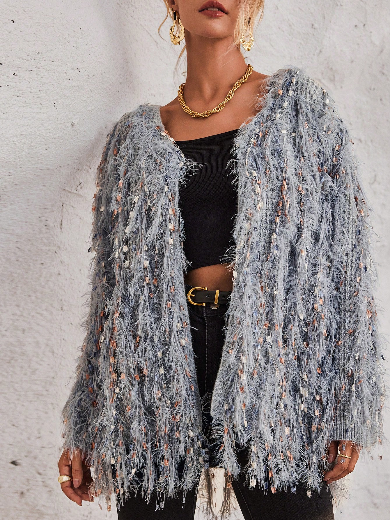 SHEIN LUNE Fringe Trim Open Front Cardigan | SHEIN