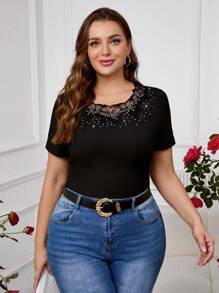 SHEIN Clasi Curvy Plus Size Women's Embroidered Short Sleeve T-Shirt With Sparkling Rhinestone Em... | SHEIN