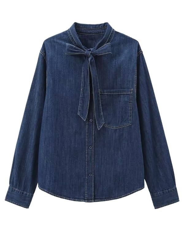 Autumn Long Sleeve Blouse Women Minimalist Denim Shirt Fashionable Elegant Bow Tie Commuting Casu... | Amazon (US)