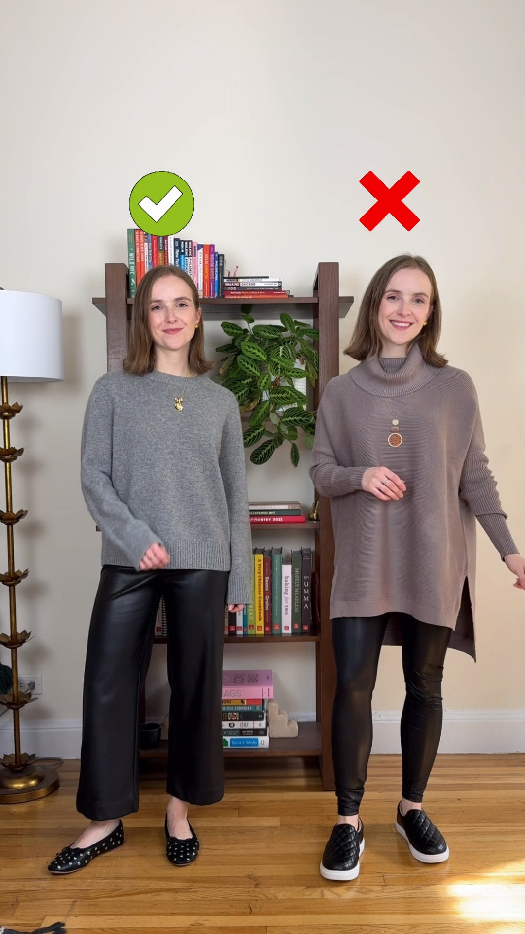 Millennial outfit makeover
Xs Mongolian cashmere sweater (free shipping)
25 petite leather pants
Size up whole size in flats 
Sarah: Xs brown cashmere cardigan. 26 inseam size 25 Bella jeans