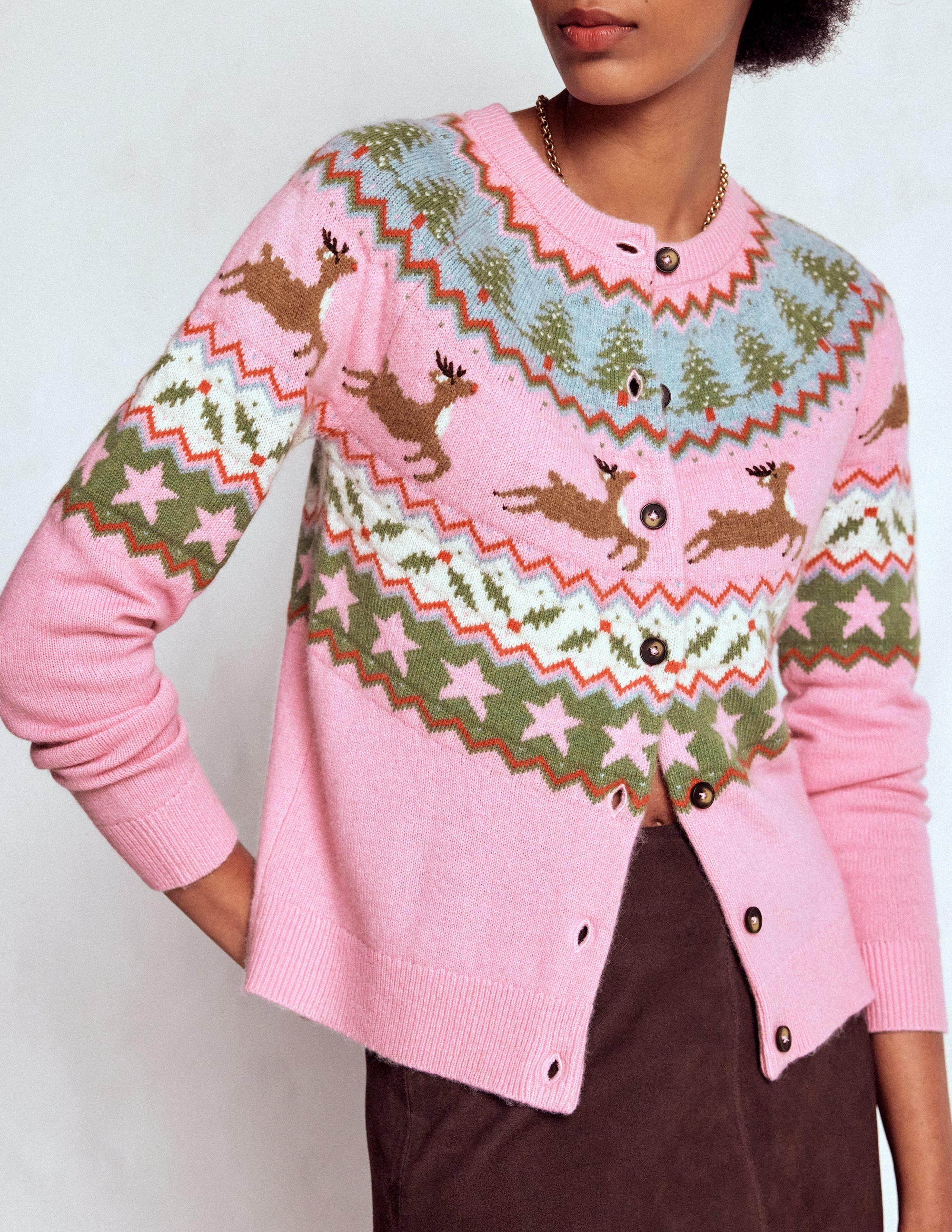 Edie Fair Isle Cardigan-Pink, Reindeer | Boden (US)