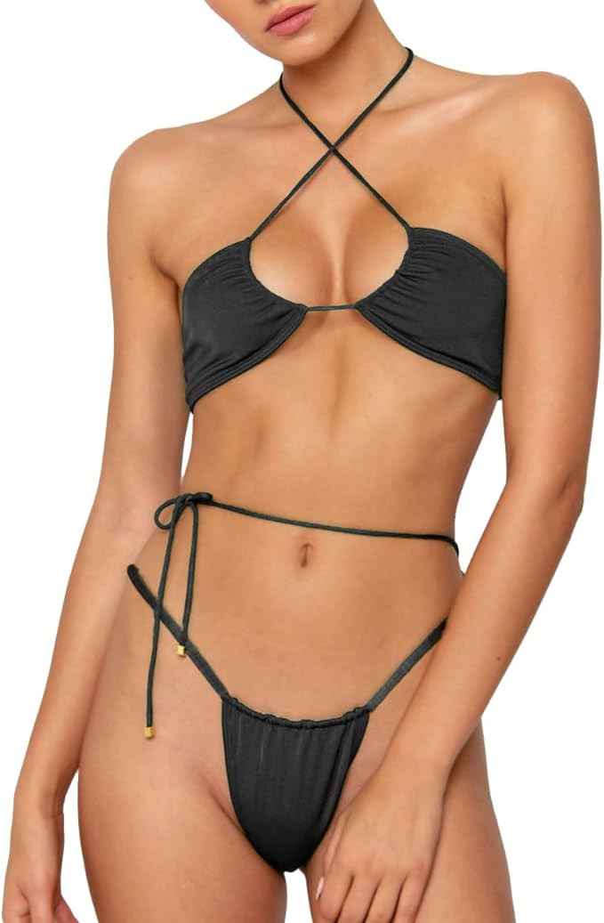 Women Cheeky Bikini Set Halter Thong Solid Color Adjustable Cinched String Two Piece Brazilian Sw... | Amazon (CA)