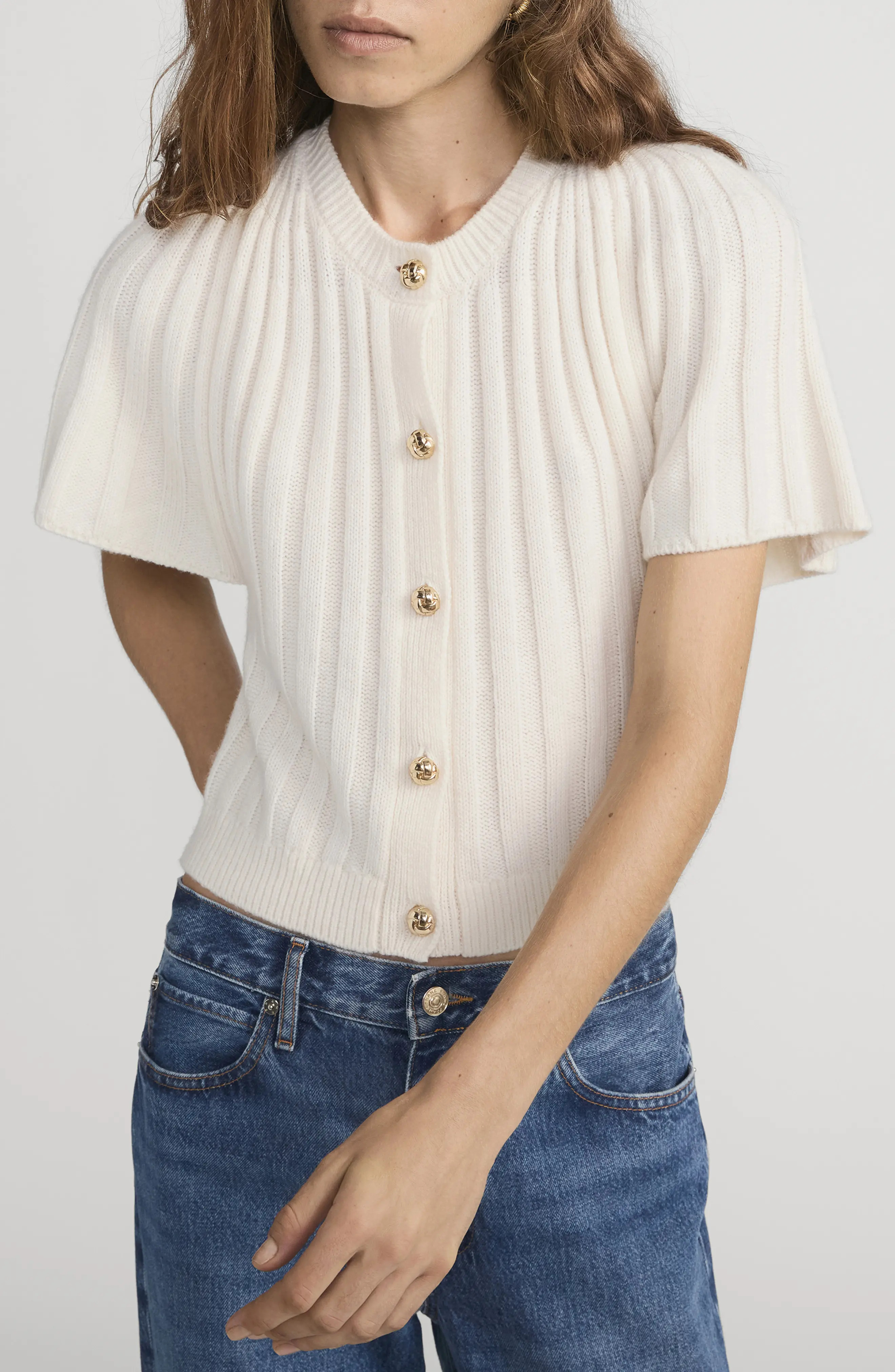 FRAME The Flutter Wool & Cashmere Short Sleeve Cardigan in Cream at Nordstrom, Size Medium | Nordstrom