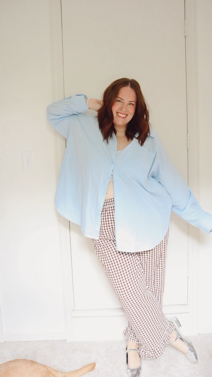Oversized done right 🖤 Gingham ruffle pants + oversized button down + comfy bralette + silver mary janes. 

Sizing info:
Pants: XXL
Button up: 18 (AU sizing)
Shoes: 9.5
Bralette: XXL

Shirt is from Proud Poppy
Necklace is from Oma The Label
