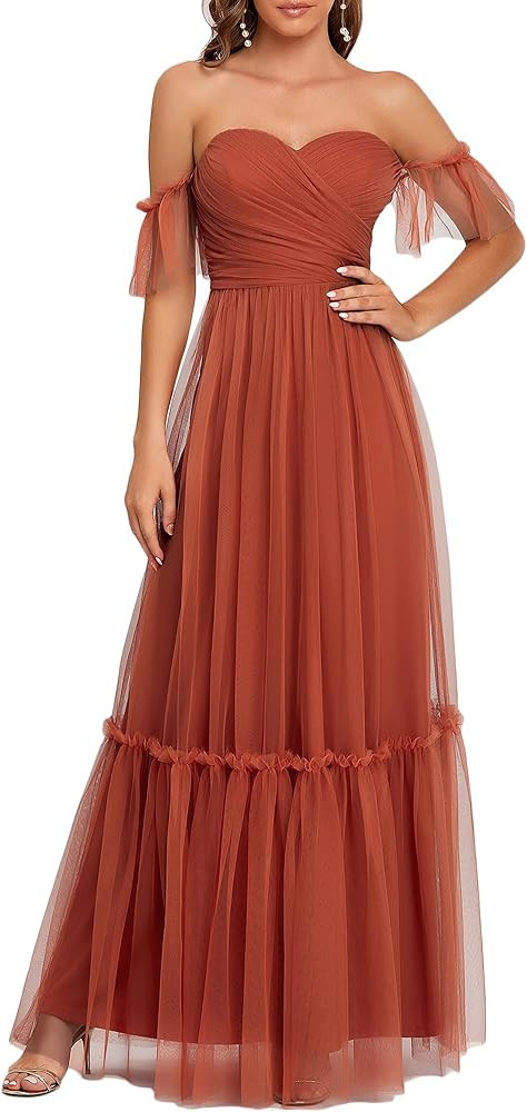 Ever-Pretty Women's Formal Dress Sweetheart Off-Shoulder Ruched Tulle Maxi Bridesmaid Dresses 501... | Amazon (US)