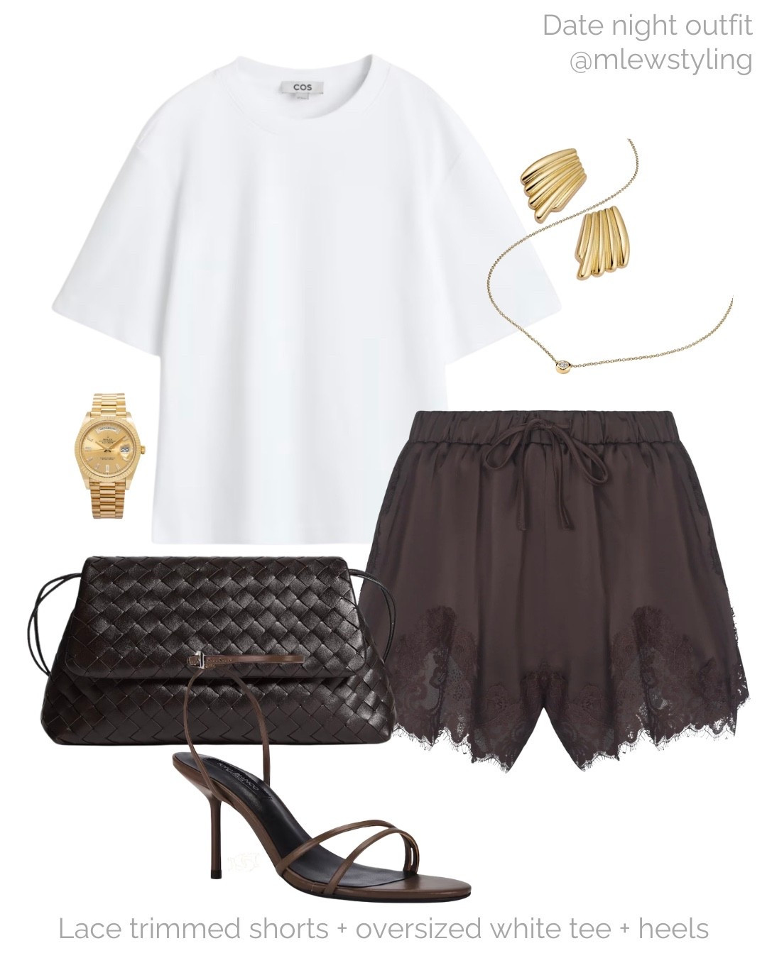 Casual chic date night with an oversized white tee and lace trimmed shorts ✨✨

Tags: spring & summer date night outfit, satin shorts, cos t-shirt, bottega clutch bag, chocolate brown heeled sandals, gold bearings, gold watch, night out look

#LTKdatenight #LTKsummer #LTKpartywear