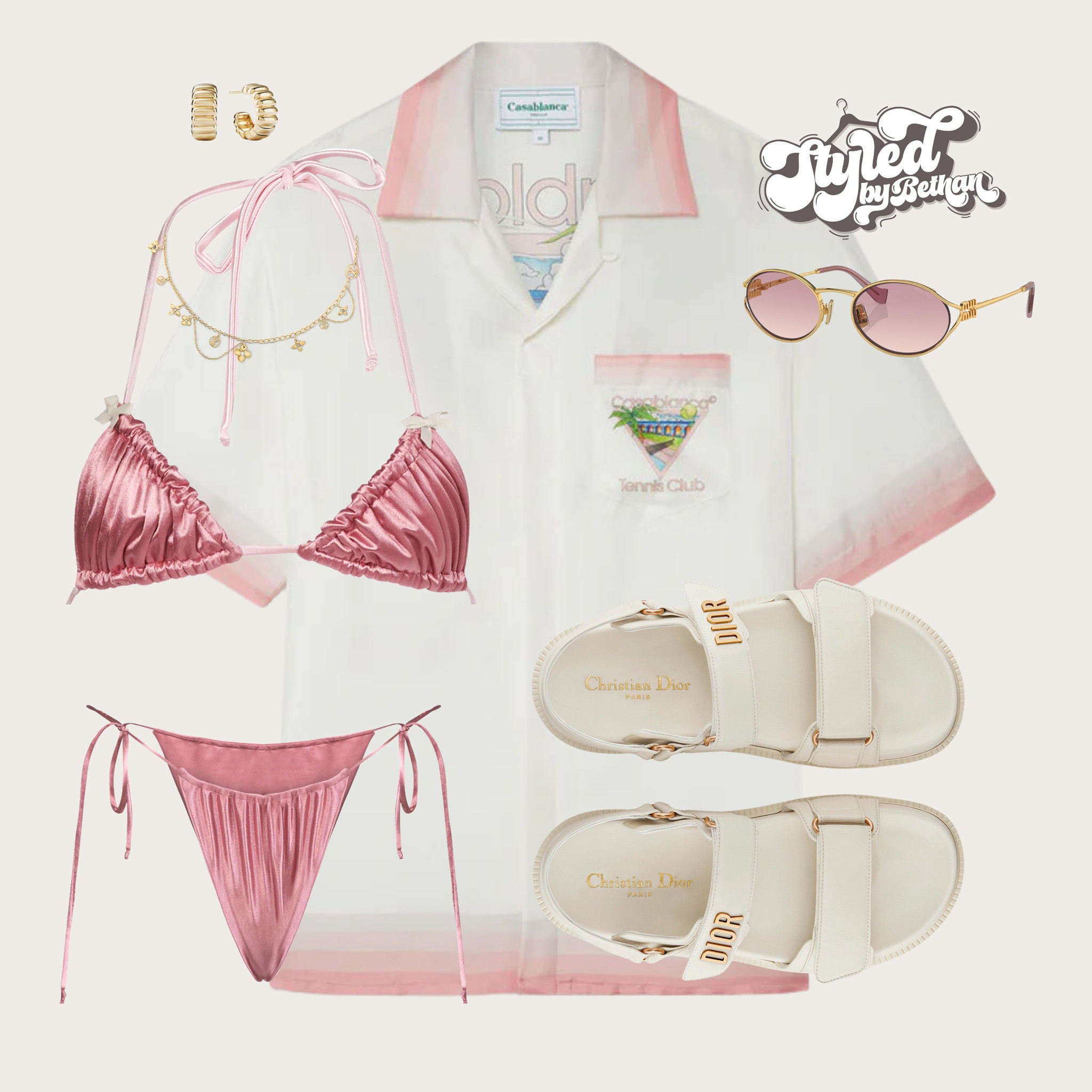 👙💗🌸🤍 tags: divino seas satin pink bikini, Casablanca pink shirt, Dior cream leather sandals, miu miu gold sunglasses, mejuri earrings, Louis Vuitton charm necklace. Summer vacation Ibiza outfit inspiration, girls holiday, beach day, pool day.

#LTKswimwear #LTKsummer #LTKtravel