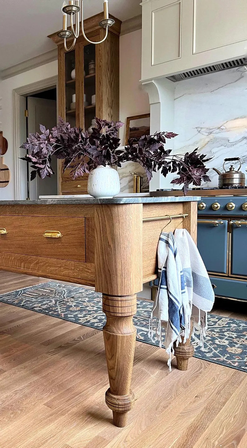 Solid Oak Kitchen Island | Dairy Table, Soft Close Drawers, Brass Rail | Etsy (Global)