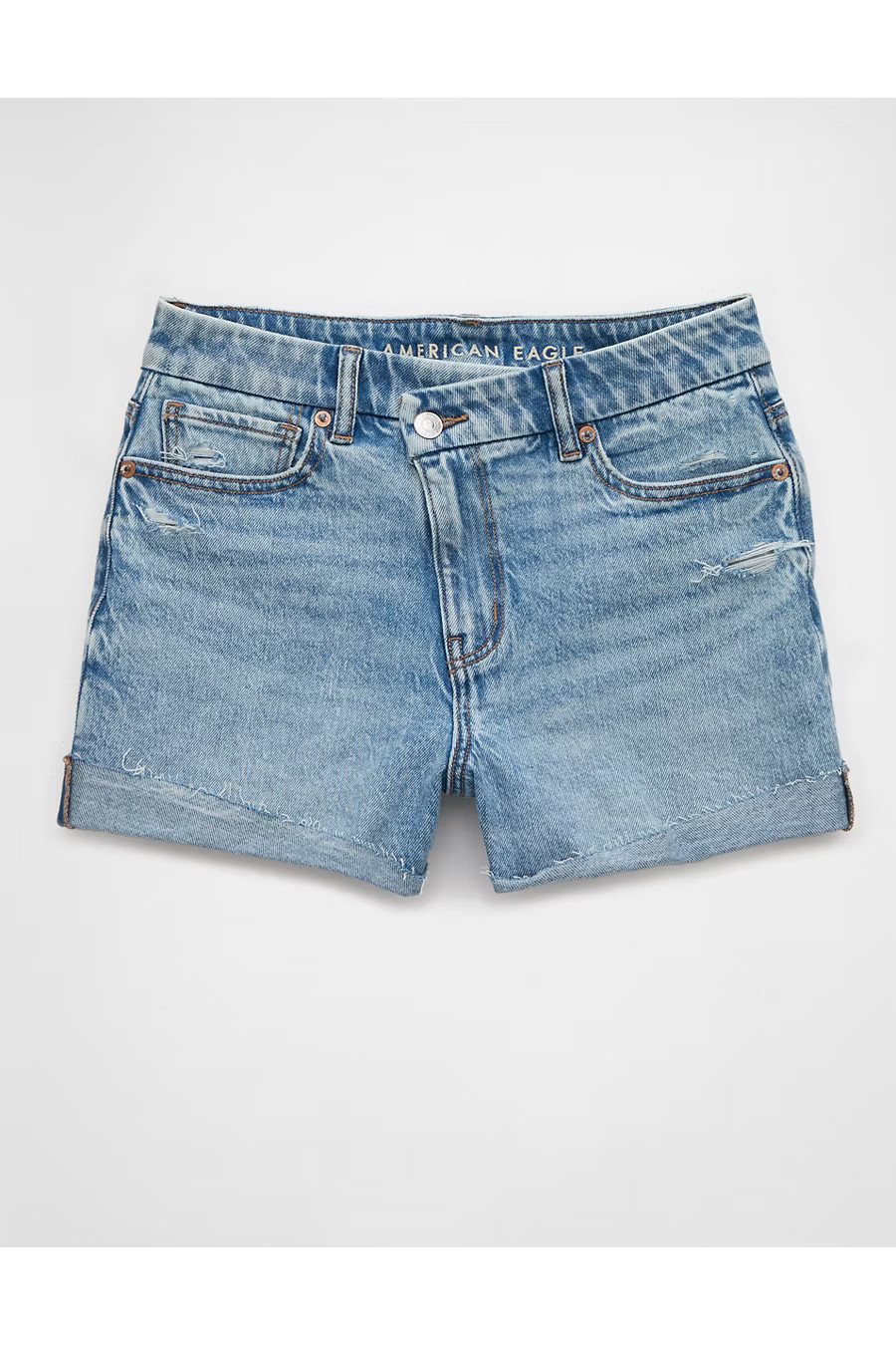 AE Stretch Curvy Ripped Denim Mom Short Women's Medium Bright Indigo 0 | American Eagle Outfitters (US & CA)