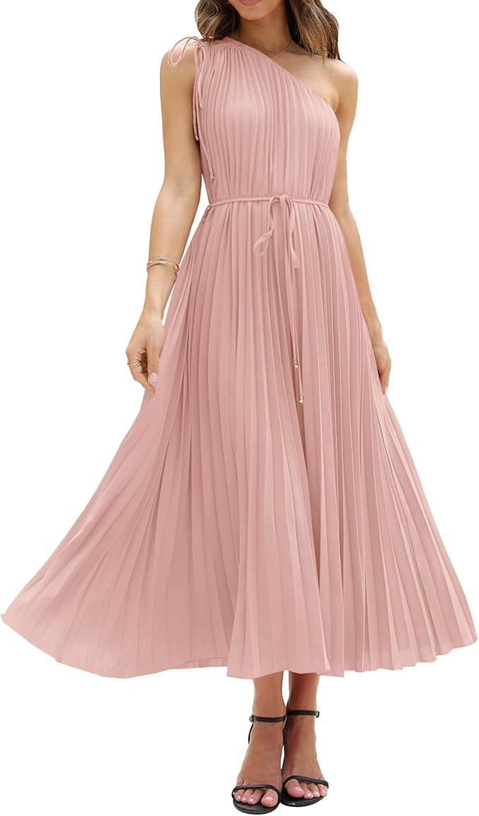 BTFBM Women's Drawstring One Shoulder Maxi Dresses Summer Sleeveless Tie Waist Pleated Long Flowy... | Amazon (US)