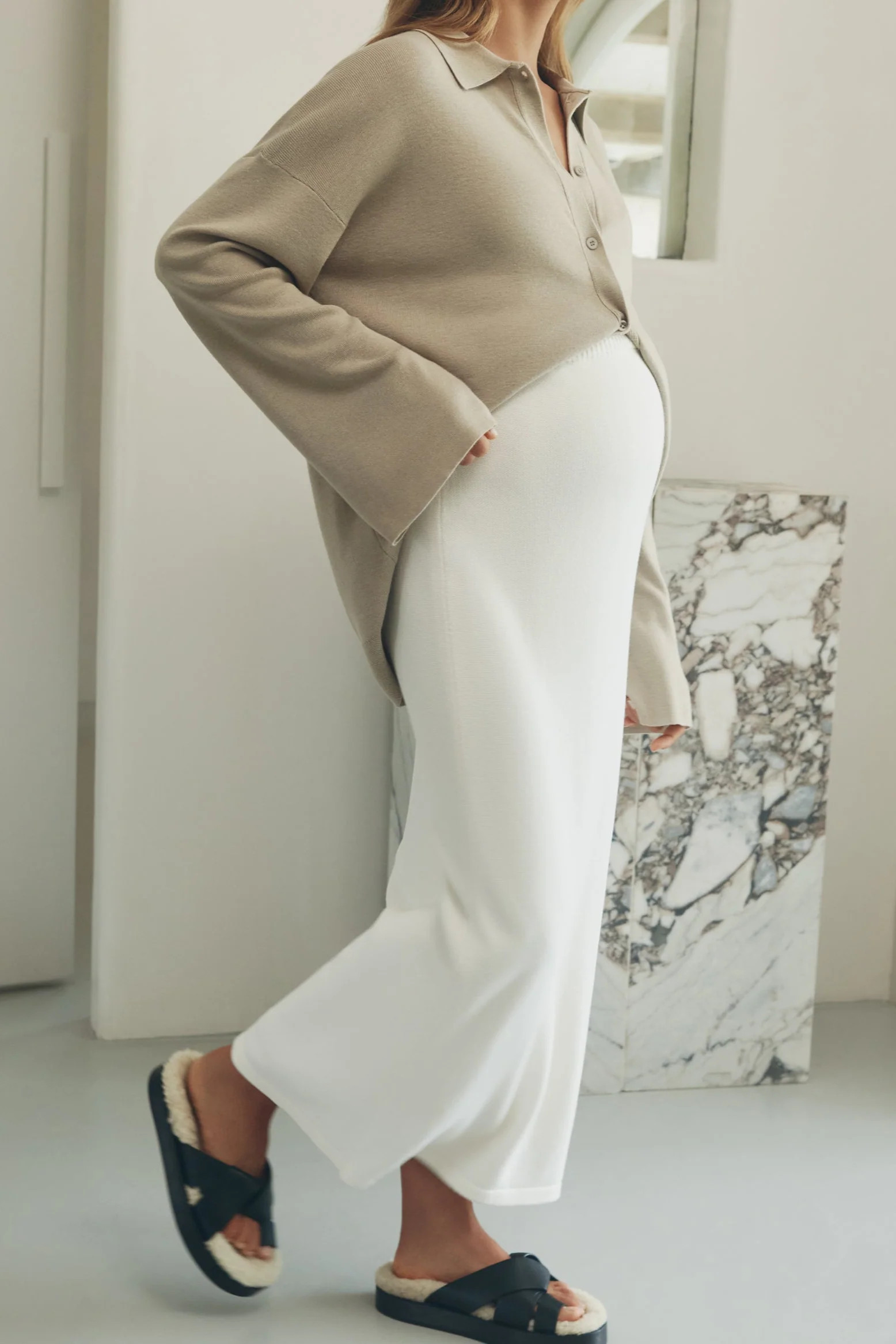 LS Button Down Collar Top (Taupe) | Legoe Heritage Maternity APAC