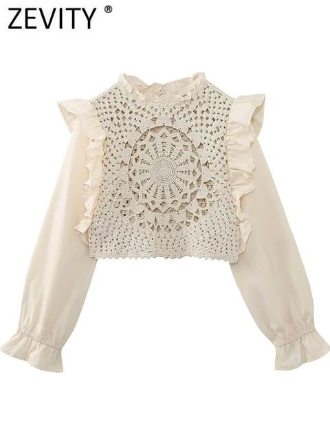 Zevity Women Fashion Pleat Ruffles Design Hollow Out Crochet Short Smock Blouse Female Casual Shi... | AliExpress (US)