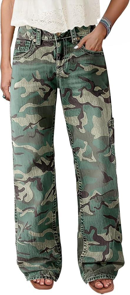 Flamingals Straight Leg Jeans for Women Mid Rise Casual Wash Floral Embroidery Denim Pants | Amazon (US)