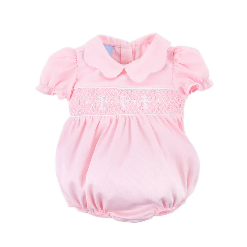 Cross Smocked Pink Pique Collared Bubble | Classic Whimsy