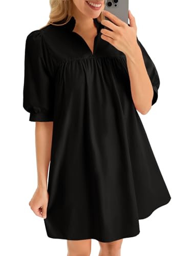 Cicy Bell Womens V Neck Babydoll Mini Dress Short Puff Sleeve Summer Casual Swing Dresses with Pockets Black | Amazon (US)